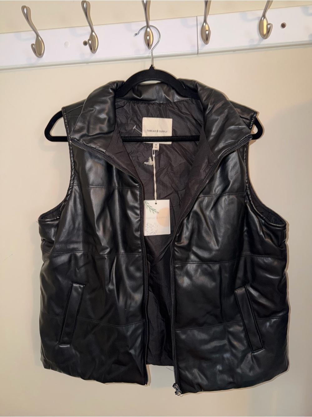 Thread & Supply Black Quilted Faux-Leather Puffer Vest with Stand Collar